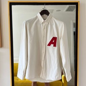 AMI Button-up White Long Sleeve Shirt with Red A Patch